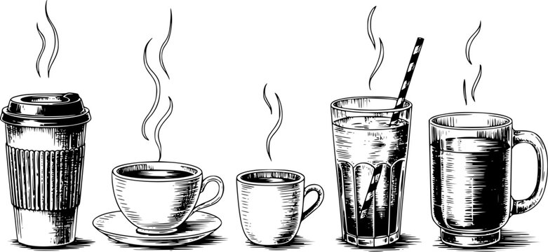 Una colecci&oacute;n de tazas de caf&eacute; y t&eacute; dibujadas a mano, tazas y un vaso con vapor aislados sobre un fondo blanco