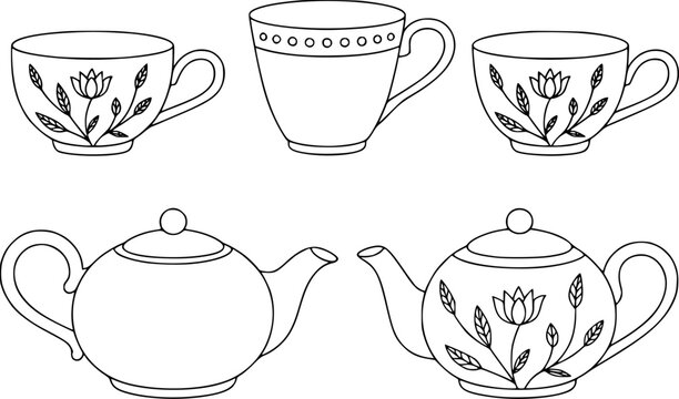 Una colecci&oacute;n de teteras y tazas de t&eacute; dibujadas a mano con patrones florales para p&aacute;ginas de libros para colorear o proyectos