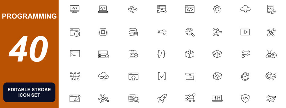 Programming and coding icon set with developer tools, software development, web apps, API integration, server architecture, algorithms, deployment workflow and system technology vector illustration