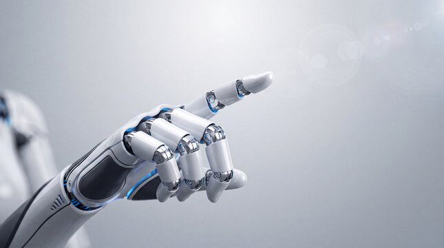 Robot Hand Pointing: A close-up shot of a futuristic robot's hand, with its index finger extended, seemingly interacting with an unseen interface in a clean, bright environment.