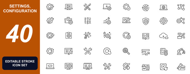 Naklejka na ściany i meble Settings and configuration icon collection for setup, installation, maintenance, repair, software update, control panel, system tools, customisation and gear mechanisms. Vector illustration