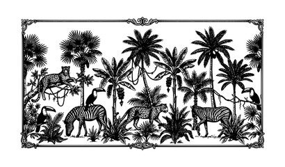 Tropical Jungle Toile de Jouy Seamless Botanical Border Vector Illustration © Shaon