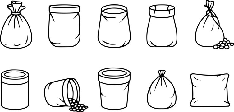 Una colecci&oacute;n de varios sacos, bolsas y contenedores ilustrados en un estilo simple de l&iacute;nea en blanco y negro