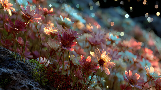 Beautiful glowing fantasy flowers sparkling blossoms Images
