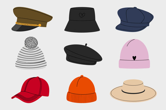 Una colecci&oacute;n de varios sombreros y gorras elegantes que incluyen gorros, boinas, sombreros de pescador y gorras de b&eacute;isbol