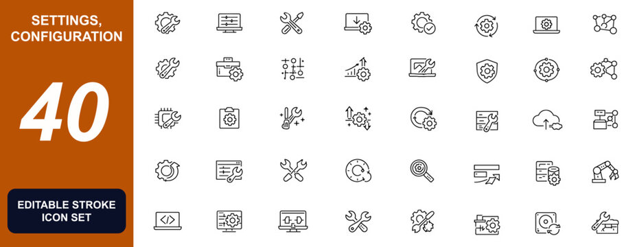 Settings and configuration icon collection for setup, installation, maintenance, repair, software update, control panel, system tools, customisation and gear mechanisms. Vector illustration
