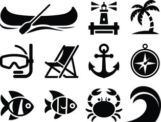 Obraz premium Marine and beach adventure icon set with adventure lighthouse nautical navigation vacation silhouette collection illustration underwater maritime equipment activity recreation wildlife
