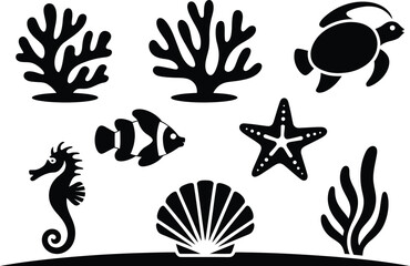 Underwater marine life and coral reef icons with underwater seahorse starfish wildlife creature silhouette collection illustration undersea environment diversity tropical ecosystem © MstAsmaAkter