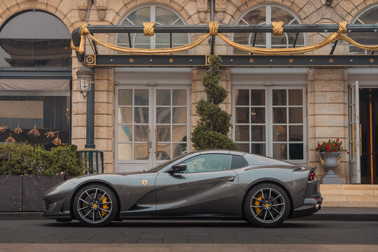 Ferrari 812 GTS Italian super car, sportscar parked on a European city street
