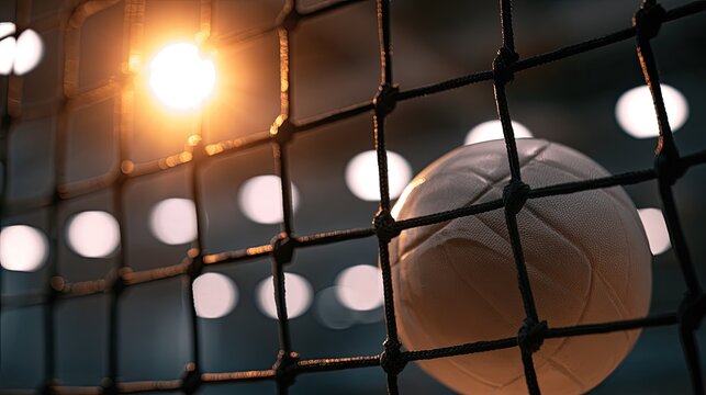 Close-up of a volleyball with soft, glowing lights behind a black net
