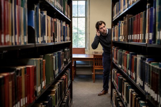 Man listening on phone in library