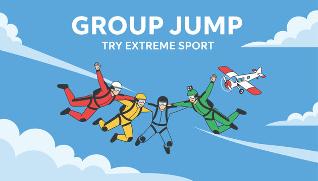 Four skydivers hold hands in mid air during free fall with airplane in sky