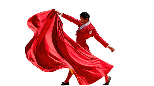 Matador throwing red cape in dramatic pose isolated on transparent background png cutout