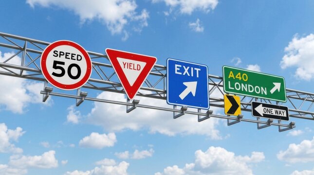 Traffic Signs Directing Travelers On A Divided Highway Under A Blue Sky