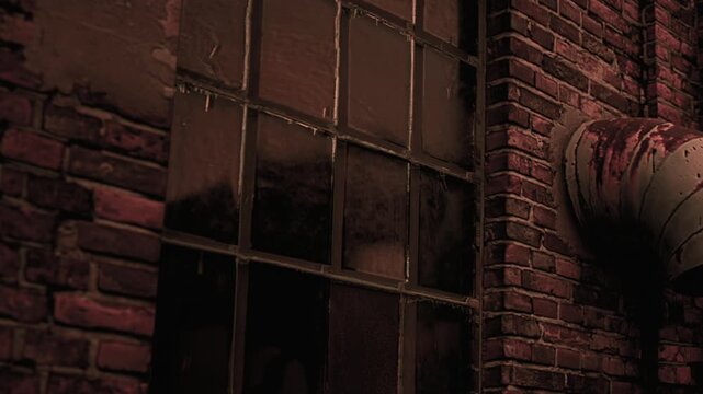 A view of an old building showing glass windows with cracks and grime. The walls are made of red bricks, and the setting is in an abandoned industrial site during the night.