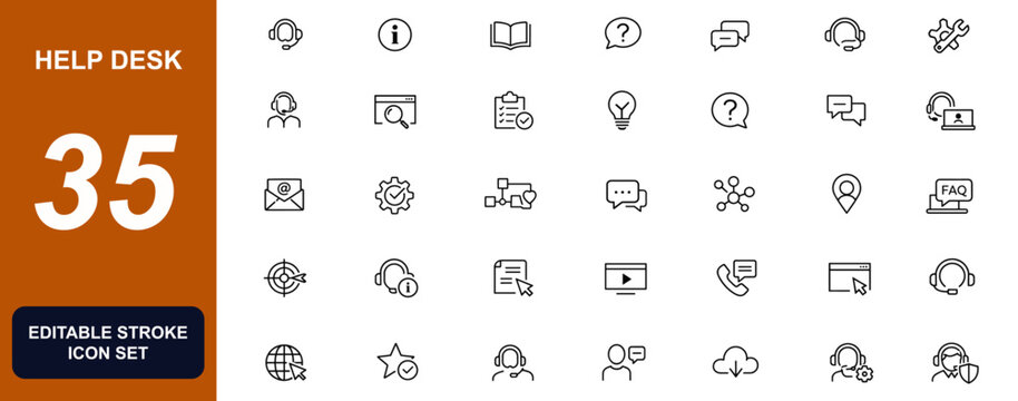 Help desk and customer support icon set with FAQ, live chat, contact centre, knowledge base, user guide, ticket service and technical assistance vector illustration
