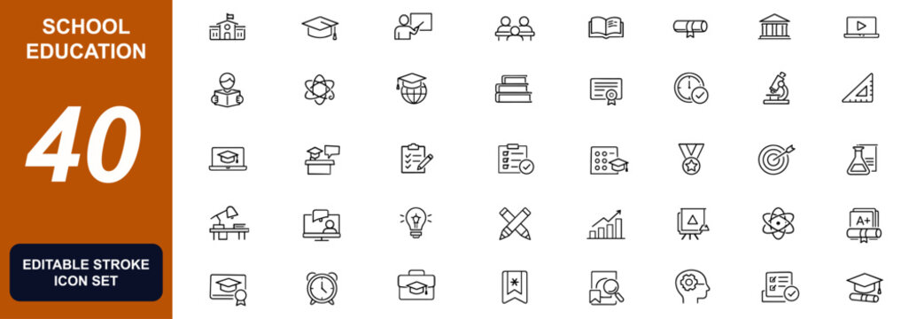 School education icon set with classroom, student, teacher, university, graduation, diploma, online learning, lecture, books and academic study vector illustration