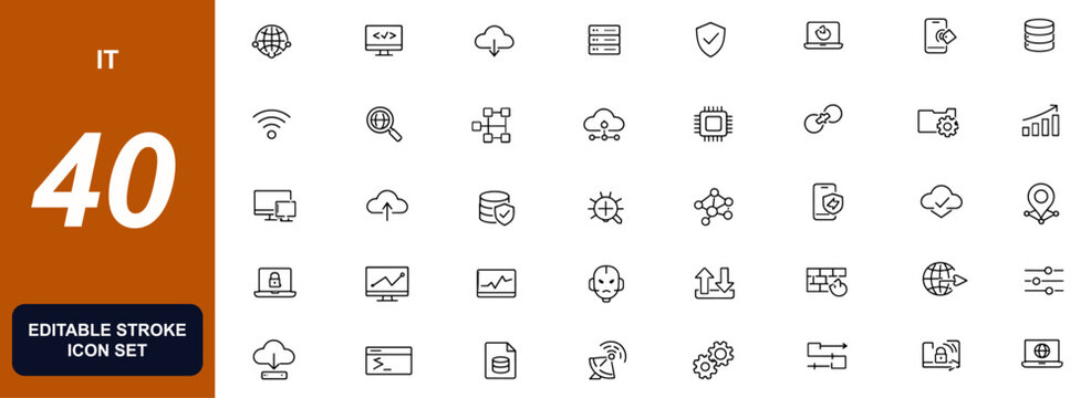 IT technology icon set for web and mobile apps with programming, cloud computing, server, database, cybersecurity, network, software development and business tools vector illustration