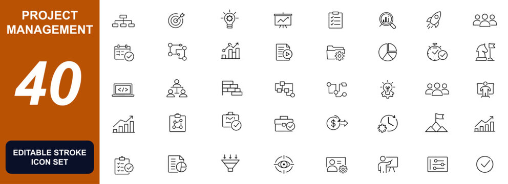 Project management planning and workflow icon set with startup, teamwork, leadership, scheduling, budgeting, strategy, milestones, execution tools and vector illustration