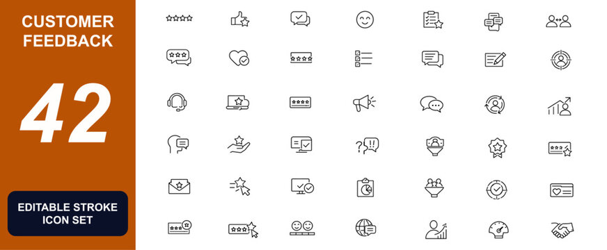 Customer feedback and review icon set with rating, testimonials, survey, satisfaction, CRM, chat support, client loyalty and user response. Vector illustration