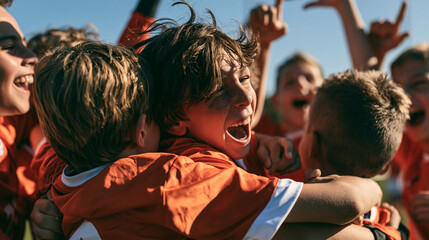Obraz premium Kids in orange shirts cheering in outdoor soccer celebration, teamwork and victory moment with family and community