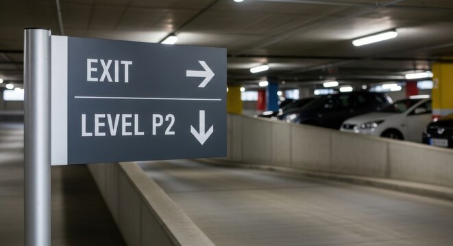 Underground Parking Garage Navigation Signage Indicating Exit and Level P2 Direction