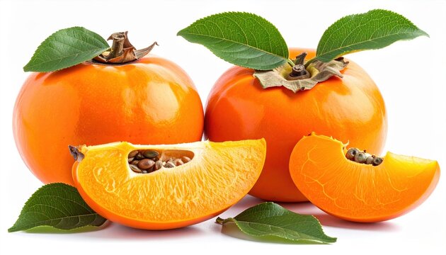 Whole, halved and sliced persimmon fruit with leaves, isolated on white background