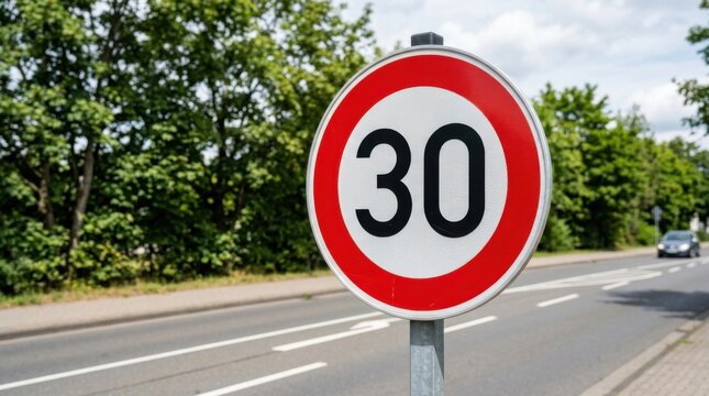 Thirty Kilometer Per Hour Speed Limit Sign On Roadside Nature
