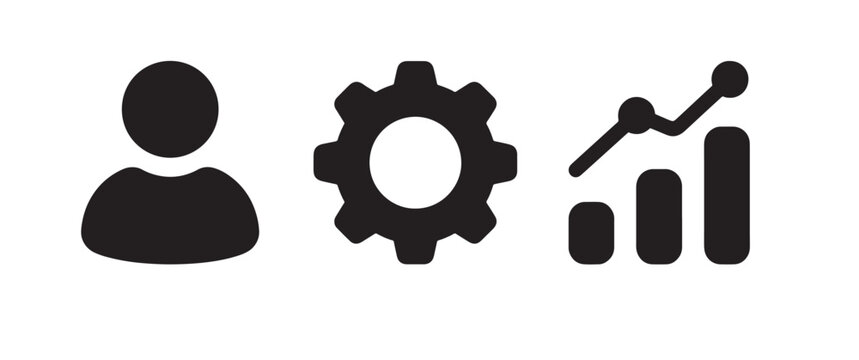 Three black on a white background, featuring a user, profile, a mechanical, gear, and a, bar chart with, a trend line, for business and, user management