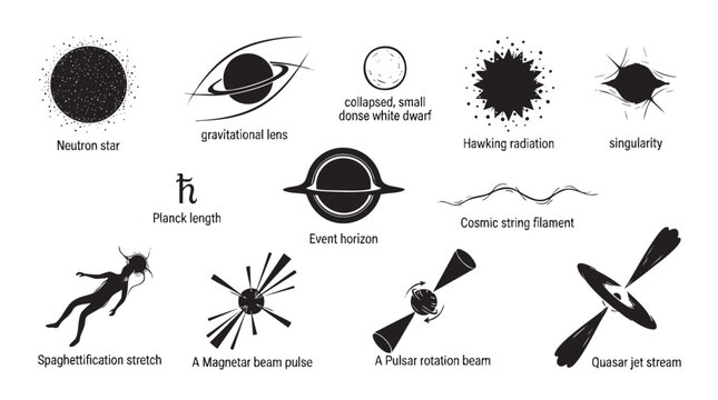 Astrophysics and space science concepts set, cosmic phenomena and theoretical physics illustrations.