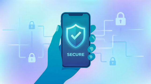 Hand holding smartphone showing secure shield icon