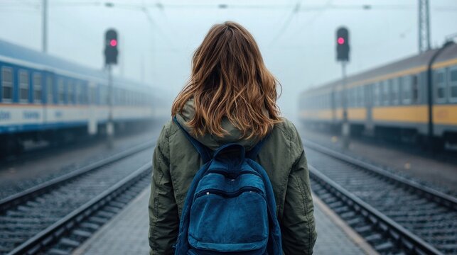 Woman with backpack standing on train tracks in a foggy environment
