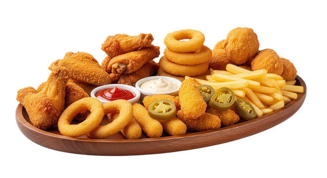 Appetizer platter with fried chicken, onion rings, and fries isolated on transparent background