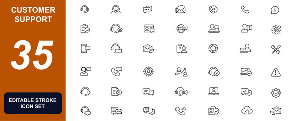 Naklejka na ściany i meble Customer support service icon set with helpdesk, call center, live chat, technical assistance, hotline, email contact, operator headset and customer care vector illustration