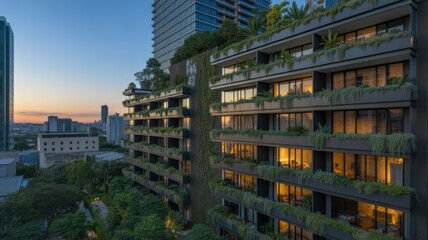 Obraz premium Modern apartment building with vertical gardens and lush greenery at sunset