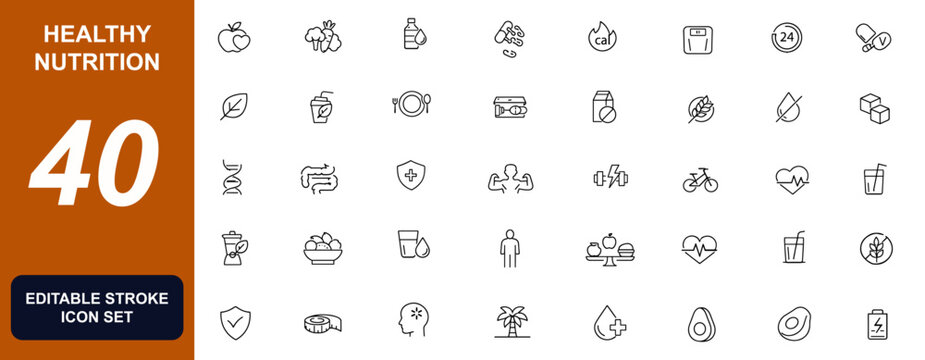 Healthy nutrition icon set for balanced diet, vitamins, probiotics, organic vegetables, hydration, calories, wellness, fitness, immunity and healthy lifestyle. Vector illustration