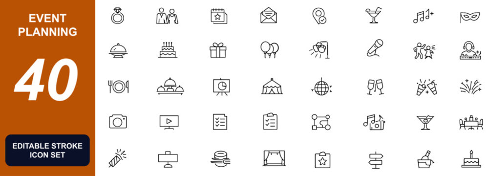 Event planning icon set for wedding, party, invitation, catering, celebration, venue, entertainment, ceremony and corporate event management. Vector illustration.