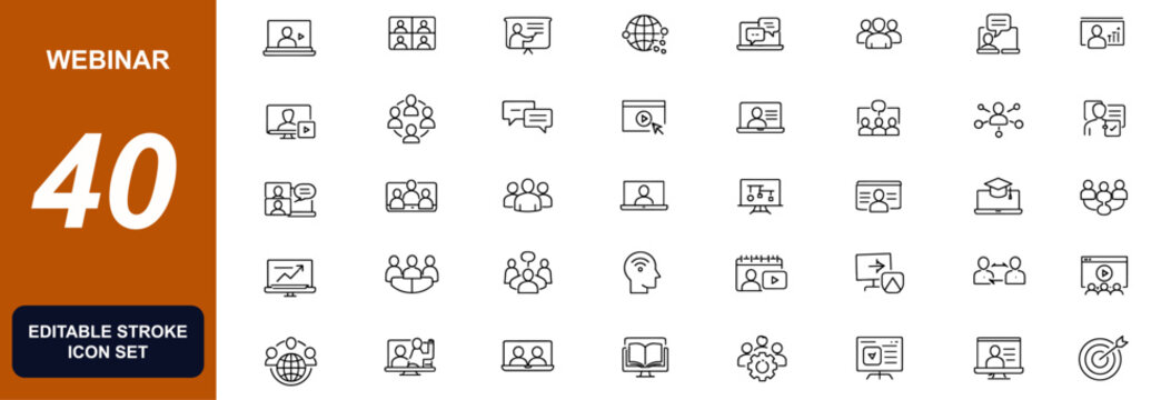 Webinar and virtual meeting icon set with online education, conference, teamwork, collaboration, presentation, discussion, classroom and training vector illustration