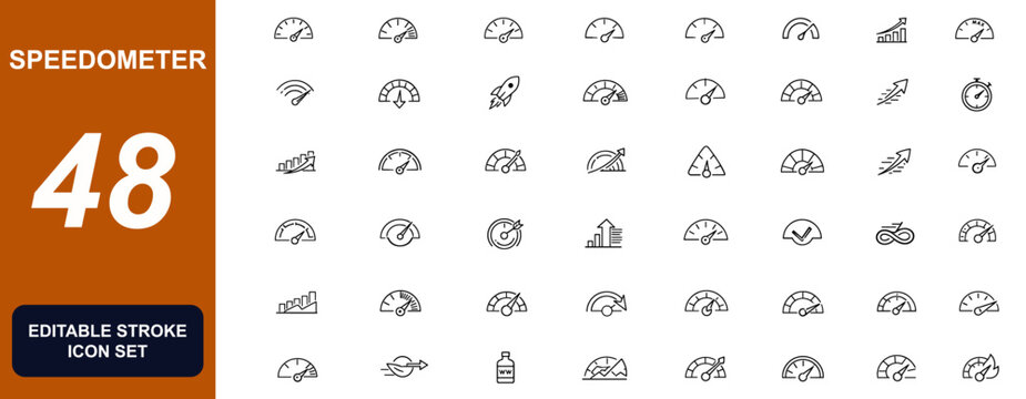 Speedometer and dashboard gauge icon set with tachometer, meter, performance, progress, risk score, credit rating, internet speed, dial and indicator symbols. Vector illustration