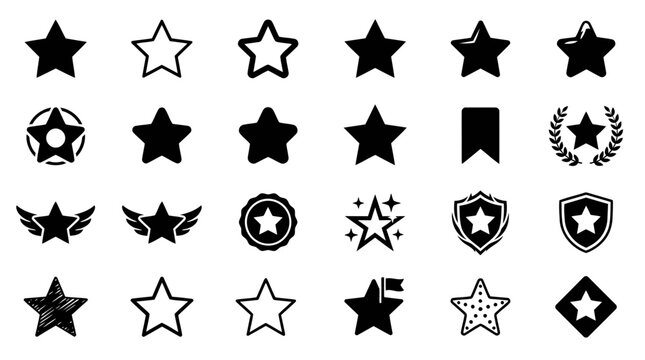 Star symbol and rating icons in various styles for interface design and ranking systems set.