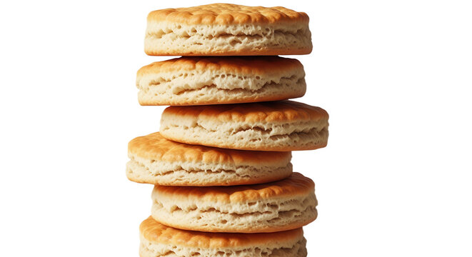 A stack of freshly baked golden brown biscuits isolated on transparent background