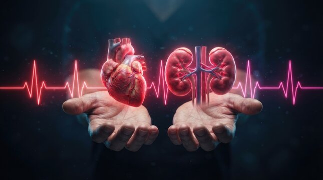 Conceptual medical illustration for world heart day showing human hands holding a glowing anatomical heart and kidneys with a digital heartbeat line on dark background