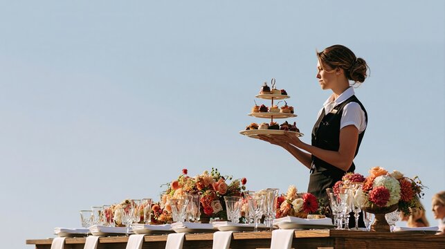 Waitress serving dessert at outdoor wedding reception table