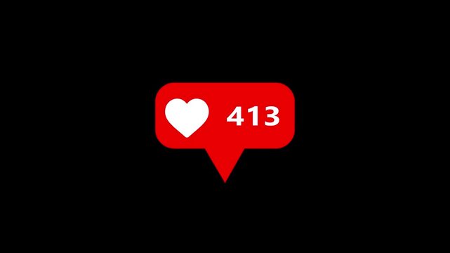 Animated red social media notification heart like counter popup element for video content creators & black background.