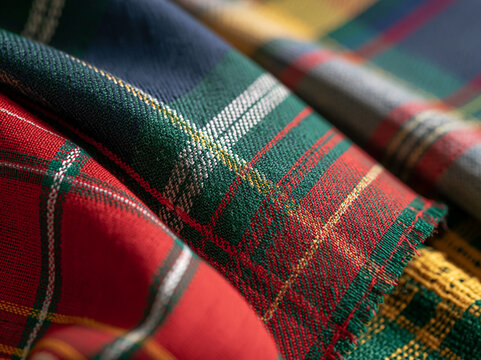 Close-up of colorful tartan plaid fabric texture for handcrafted woven textile art, warm cozy winter background