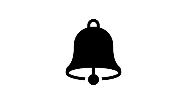 Bell notification icon for alarm alerts and sound signal communication symbol represented in black silhouette style on white background view.
