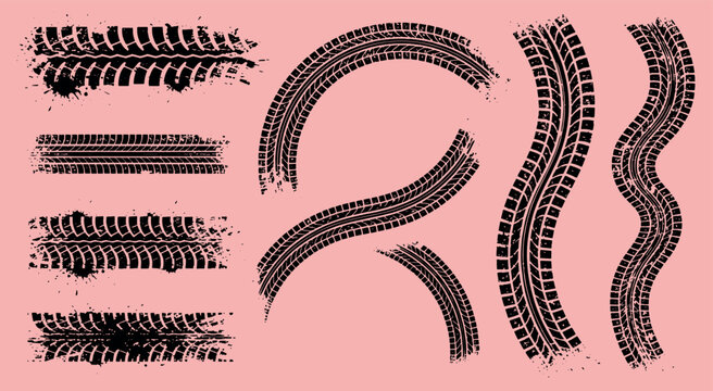 Set of black grunge tire tracks and off-road vehicle wheel marks on a soft pink background with tire tread transport abstract movement direction textured straight transportation