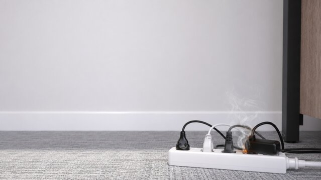 Realistic safety incident photograph of an overloaded power strip smoking and short circuiting on a home carpet, representing an electrical hazard prevention concept.