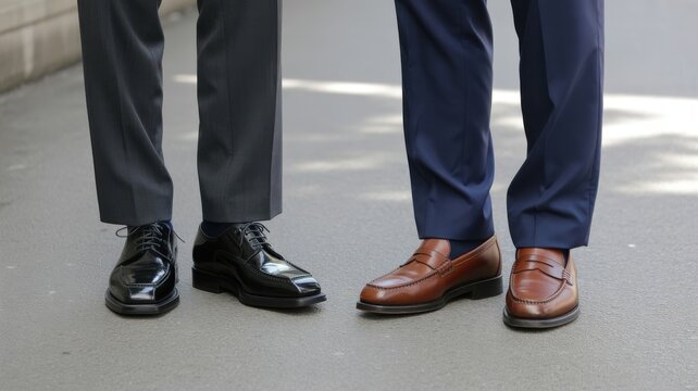 Two businessmen standing on a street wearing suit trousers and leather dress shoes