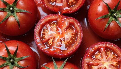 Vibrant red tomatoes sliced to reveal juicy flesh and seeds glistening with refreshing water droplets © NAD SANG PAP